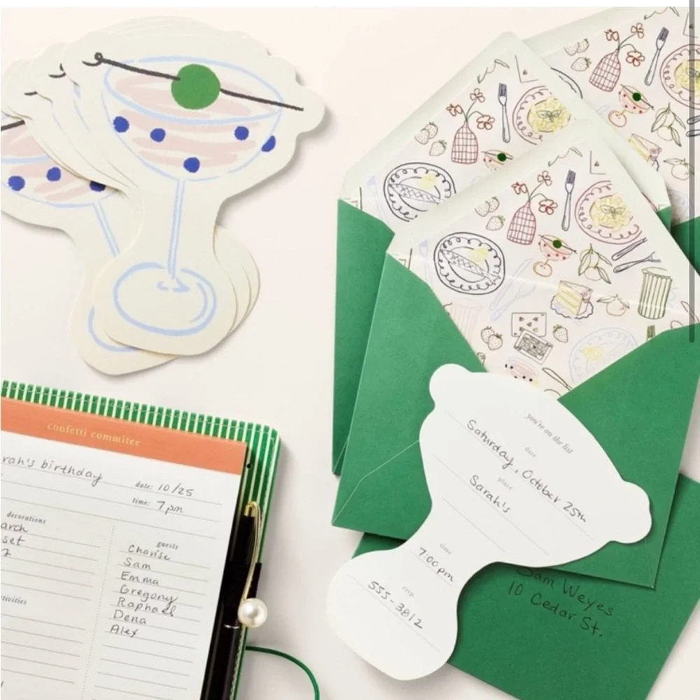KATE SPADE NWT 10ct martini glass party invitations -green